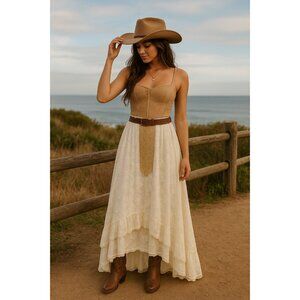 Vintage Country Elegance Ivory Lace Maxi Skirt | Sheer Overlay Satin Lined